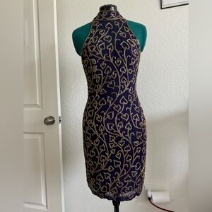 Vintage Oleg Cassini 100% Silk Size 2 Black Tie purple and gold beaded gown.